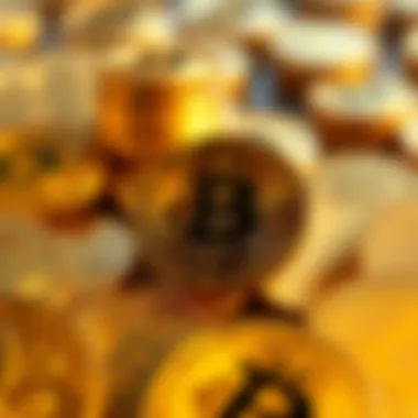 A close-up view of various gold coins with different valuations