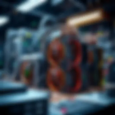 Advanced Bitcoin Mining Hardware Setup An advanced setup of Bitcoin mining hardware showcasing powerful GPUs and cooling systems