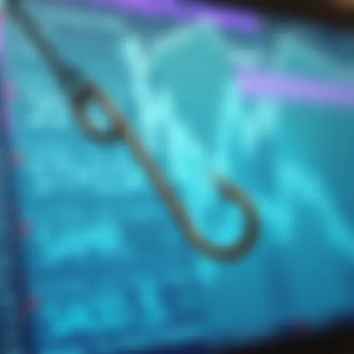 Conceptual illustration of phishing scams represented by a fishing hook on a digital screen