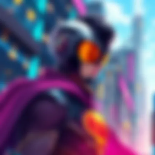 A vibrant digital artwork showcasing a superhero character in a futuristic cityscape.