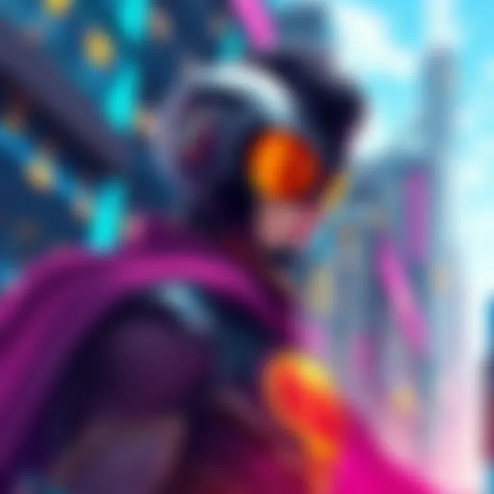 A vibrant digital artwork showcasing a superhero character in a futuristic cityscape.